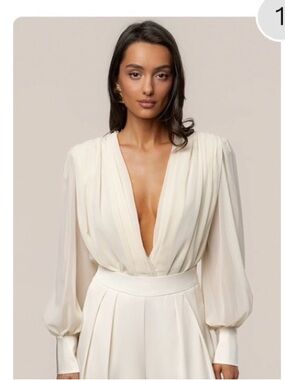 JLUXLABEL Cream Chiffon Plunging V-Neck Long Sleeve Bodysuit